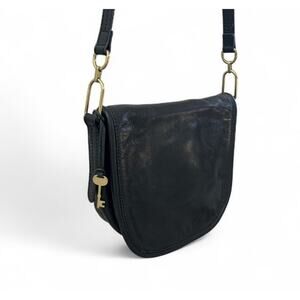 Fossil Black Leather flap Crossbody saddle Bag